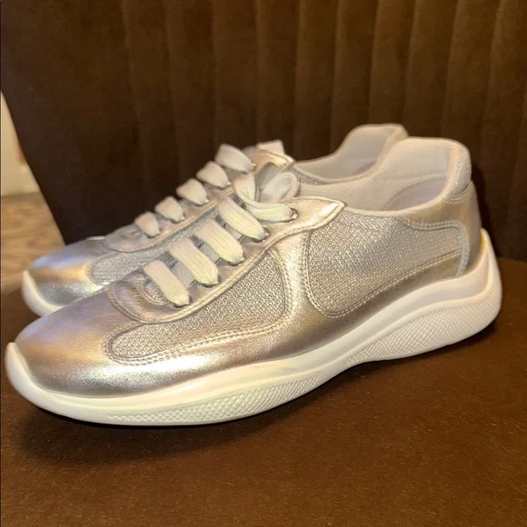 Prada Metallic Silver and White Sneakers - Picture 3 of 6